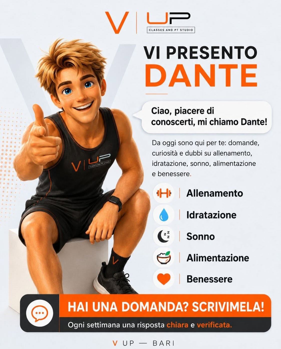 Grafica di presentazione della mascotte Dante di V UP